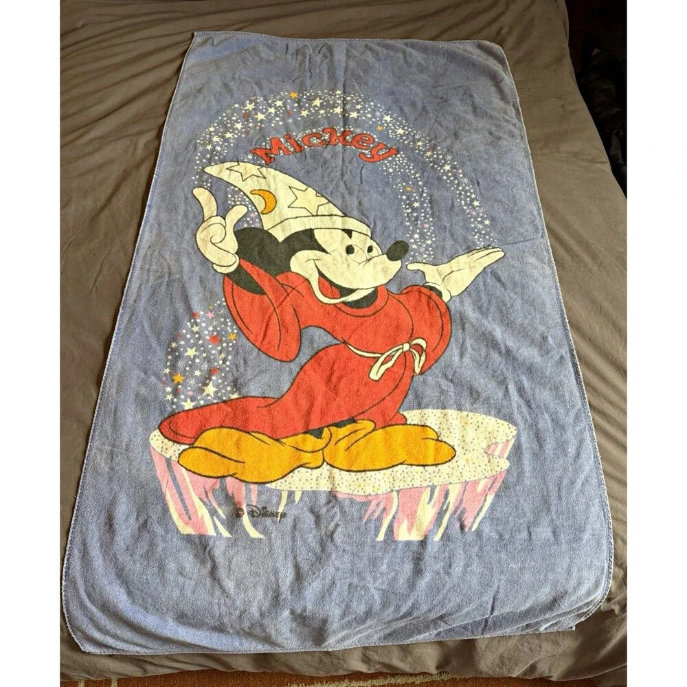 Vintage Disney Sorcerer Mickey Mouse Blue Beach Towel Fantasia Stars